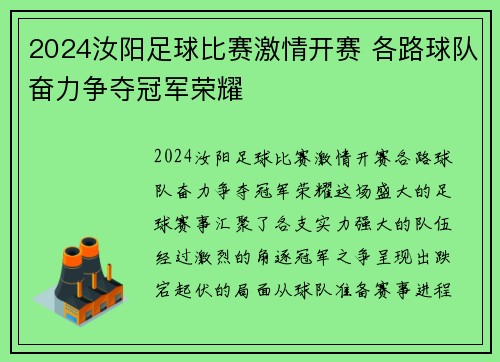 2024汝阳足球比赛激情开赛 各路球队奋力争夺冠军荣耀