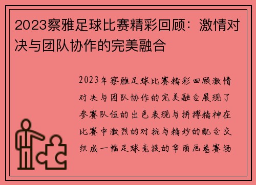 2023察雅足球比赛精彩回顾：激情对决与团队协作的完美融合