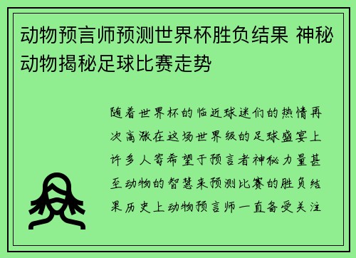 动物预言师预测世界杯胜负结果 神秘动物揭秘足球比赛走势