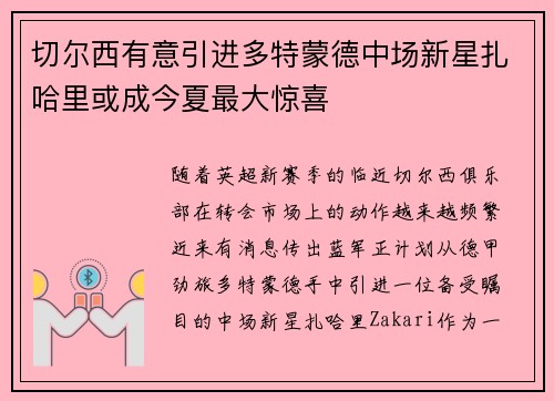 切尔西有意引进多特蒙德中场新星扎哈里或成今夏最大惊喜