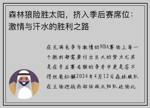 森林狼险胜太阳，挤入季后赛席位：激情与汗水的胜利之路