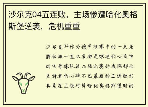 沙尔克04五连败，主场惨遭哈化奥格斯堡逆袭，危机重重
