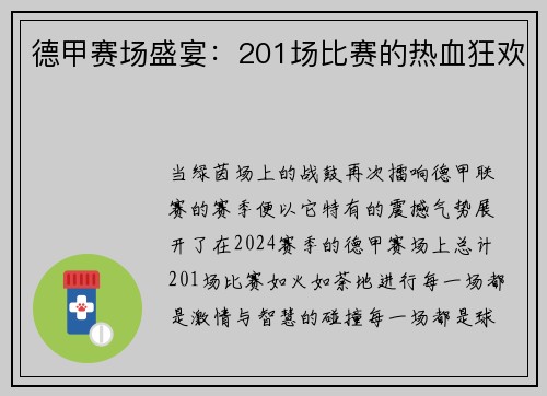 德甲赛场盛宴：201场比赛的热血狂欢