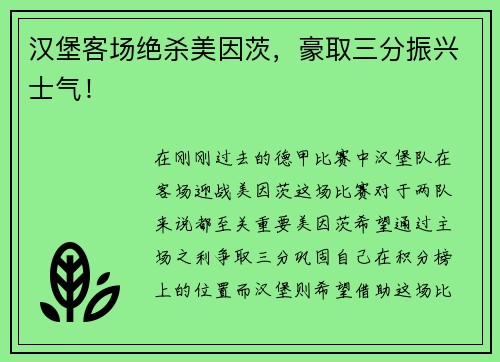 汉堡客场绝杀美因茨，豪取三分振兴士气！