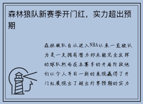 森林狼队新赛季开门红，实力超出预期