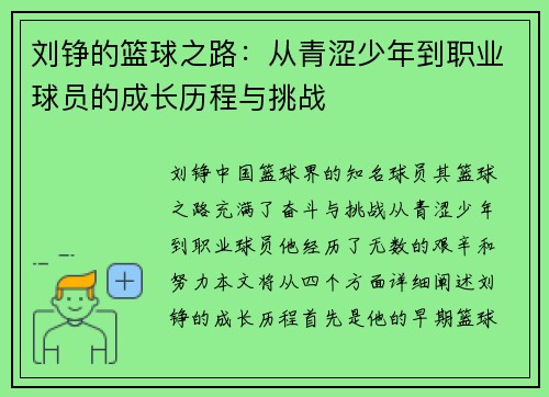 刘铮的篮球之路：从青涩少年到职业球员的成长历程与挑战