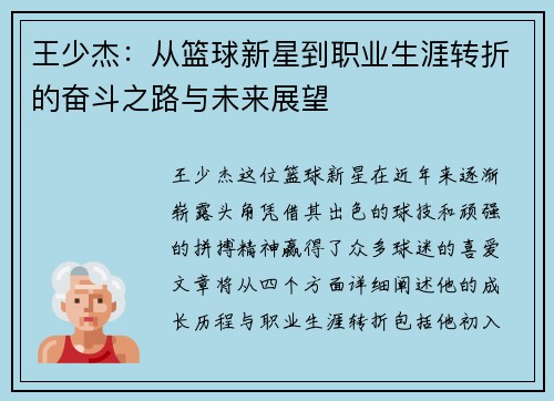 王少杰：从篮球新星到职业生涯转折的奋斗之路与未来展望