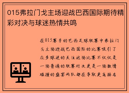 015弗拉门戈主场迎战巴西国际期待精彩对决与球迷热情共鸣