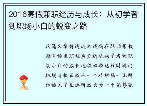 2016寒假兼职经历与成长：从初学者到职场小白的蜕变之路