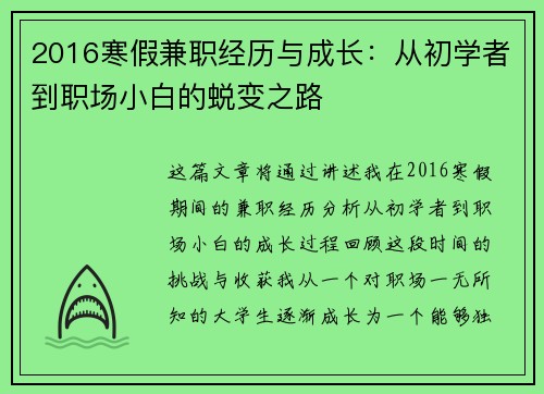 2016寒假兼职经历与成长：从初学者到职场小白的蜕变之路