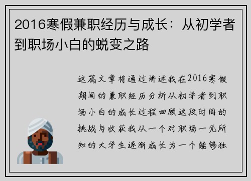 2016寒假兼职经历与成长：从初学者到职场小白的蜕变之路